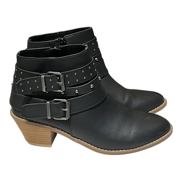 Rocket Dog Black Faux Leather Studded Buckle Zip 2.5”Heel Ankle Moto Boots 9 - Picture 3 of 9